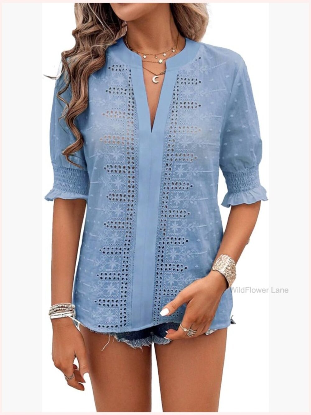 Women's Eyelet Hollow V-Neck Tunic Tops Short Sleeve Blouses Summer